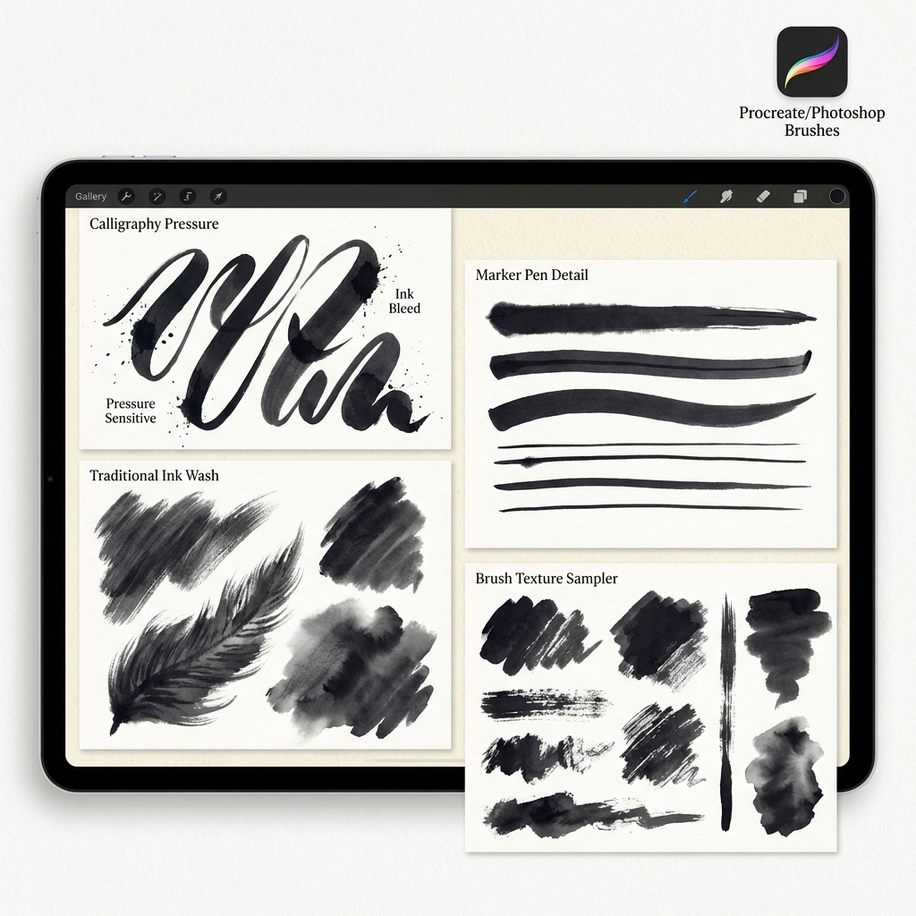墨水毛笔笔刷 - Procreate笔刷预览效果