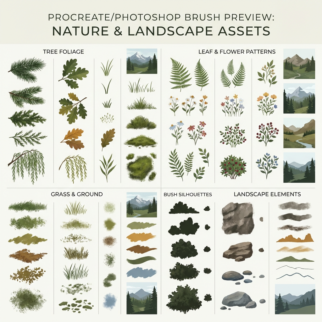 自然风景植物笔刷 - Procreate笔刷预览效果