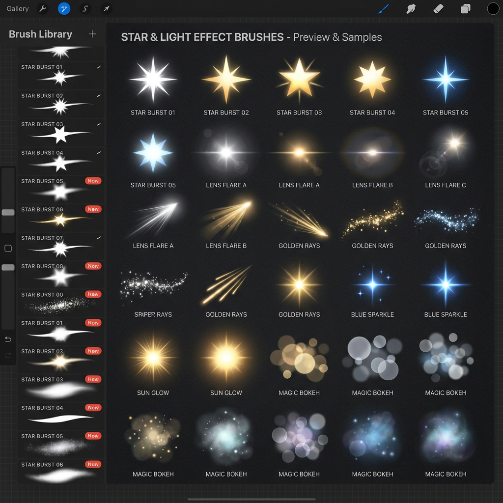 星星耀斑光效笔刷 - Procreate笔刷预览效果